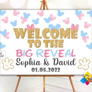 Printable MICKEY And MINNIE MOUSE Gender Reveal Welcome Board. Custom Mickey And Minnie Big Reveal Welcome Sign. Gender Reveal Party Poster
