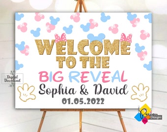 Printable MICKEY And MINNIE MOUSE Gender Reveal Welcome Board. Custom Mickey And Minnie Big Reveal Welcome Sign. Gender Reveal Party Poster