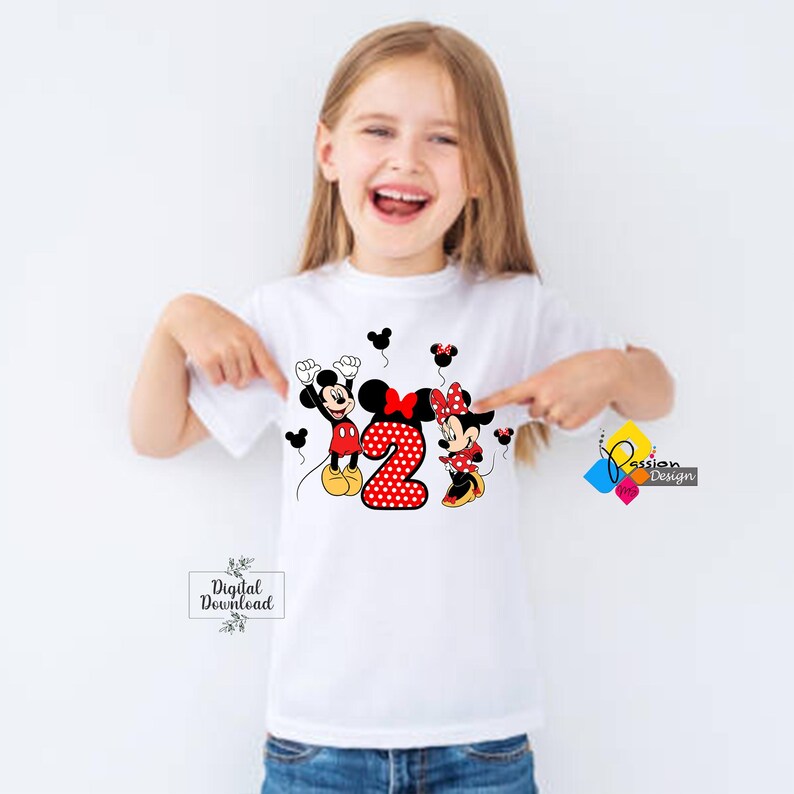 May include: White t-shirt with a red number two, Mickey Mouse and Minnie Mouse in red and black, and the text "Digital Download".