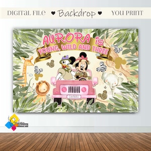 Printable MINNIE MOUSE and Daisy Duck Safari Animals Birthday Backdrop. CUSTOM Safari Party Background. Minnie Mouse and Daisy Banner 12'x8' image 1