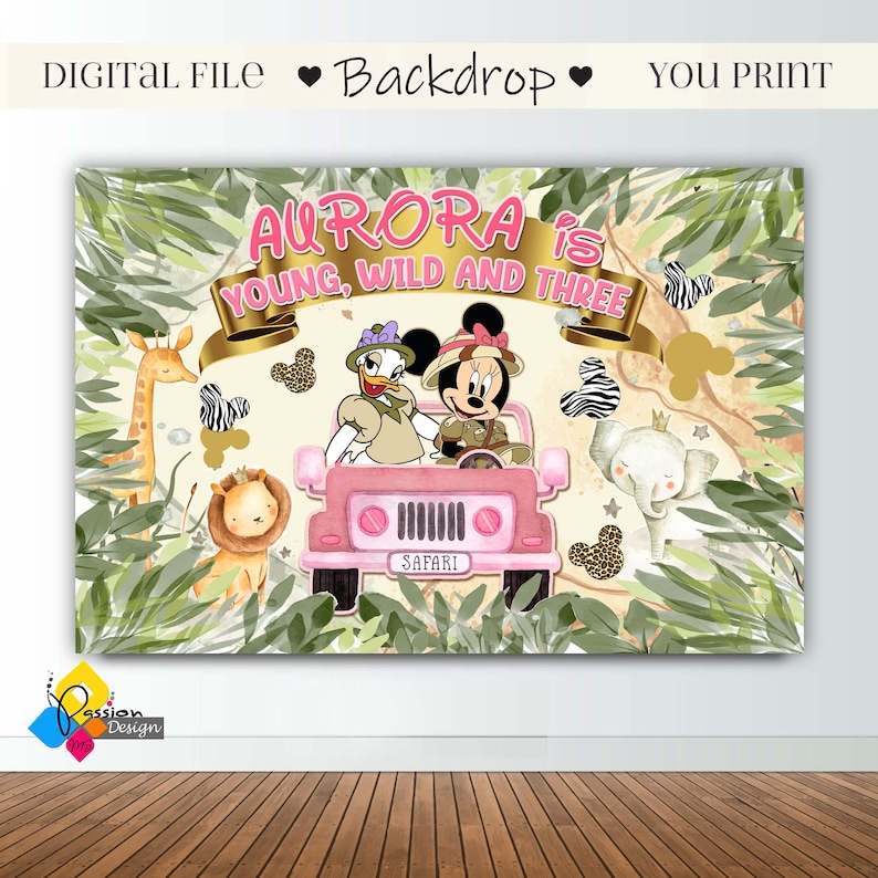 Printable MINNIE MOUSE and Daisy Duck Safari Animals Birthday Backdrop. CUSTOM Safari Party Background. Minnie Mouse and Daisy Banner 12'x8' image 1