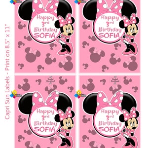 Może przedstawiać: Cztery r&oacute;żowe etykiety do druku z kresk&oacute;wkowym wizerunkiem Minnie Mouse z tekstem "Happy 3rd Birthday SOFIA".