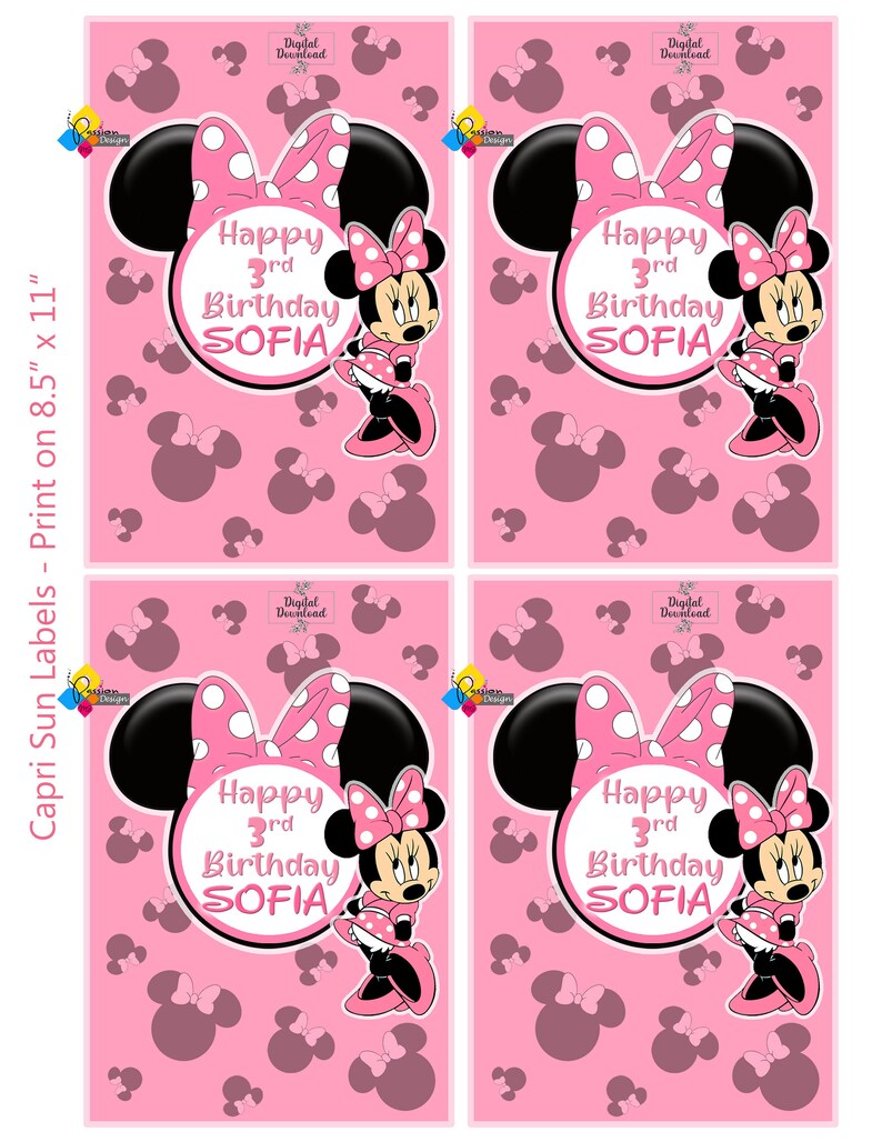 Może przedstawiać: Cztery r&oacute;żowe etykiety do druku z kresk&oacute;wkowym wizerunkiem Minnie Mouse z tekstem "Happy 3rd Birthday SOFIA".
