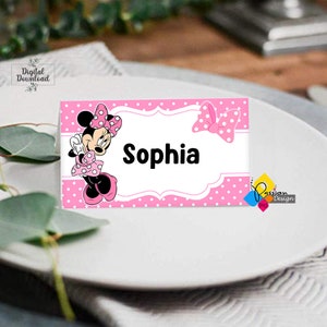 Tente imprimable de carte de lieu de fête d’anniversaire Minnie Mouse. Carte de nom rose Minnie Mouse modifiable. Minnie à pois roses. Téléchargement instantané