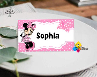 Barraca de cartão para festa de aniversário da Minnie Mouse para impressão. Cartão de nome rosa editável da Minnie Mouse. Bolinhas Rosa Minnie. Download instantâneo