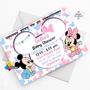 Printable Baby Mickey and Minnie Mouse Baby Shower Invitation. Custom Mickey and Minnie Invite. Digital Blue and Pink Baby Shower Invitation