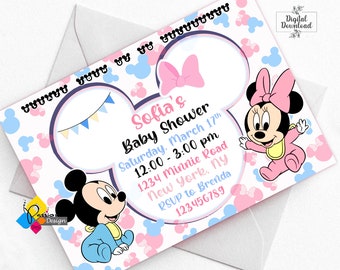Convite para chá de bebê do Mickey e da Minnie Mouse para impressão. Convite Mickey e Minnie personalizado. Convite Digital Azul e Rosa para Chá de Bebê