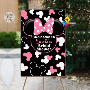 Printable MINNIE MOUSE Bridal Shower Welcome Board. Custom Minnie Mouse Black PINK Bridal Shower Welcome Sign. Digital Minnie Mouse Poster