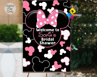 Quadro de boas-vindas para chá de panela MINNIE MOUSE para impressão. Sinal de boas-vindas personalizado para chá de panela rosa preto da Minnie Mouse. Pôster digital da Minnie Mouse