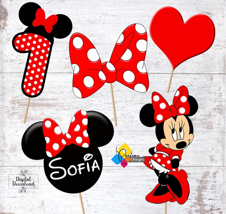 May include: A set of 6 printable Minnie Mouse themed party props. The props include a red heart, a red bow with white polka dots, a black and white Minnie Mouse head with a red bow, a red number 1 with white polka dots, a black and white Minnie Mouse head with the name "Sofia" written in white, and a red and white polka dot Minnie Mouse in a red dress.