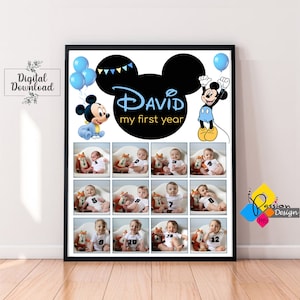 Póster Imprimible con Foto del Primer Año del Bebé de MICKEY MOUSE. Cartel de collage de fotos de 1er cumpleaños de Mickey Mouse. Tablero de imágenes de un año de Mickey Mouse