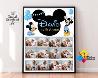 Póster Imprimible con Foto del Primer Año del Bebé de MICKEY MOUSE. Cartel de collage de fotos de 1er cumpleaños de Mickey Mouse. Tablero de imágenes de un año de Mickey Mouse