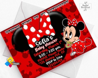 Printable Baby MINNIE MOUSE Red Baby Shower Invitation. Custom Minnie Mouse Baby Shower Invite. Digital Minnie Mouse Baby Shower Invitation