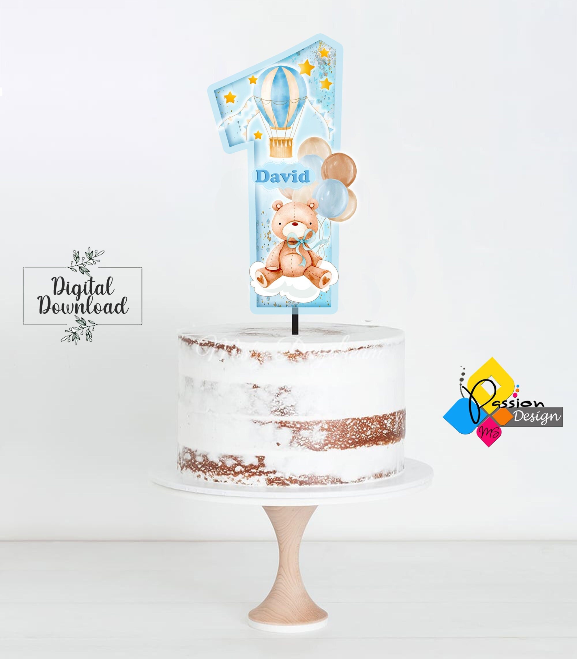 Printable Teddy Bear First Birthday Cake Topper Custom Name Cake Topper DIY Bear Birthday Cake Topper Bear Hot Air Balloon