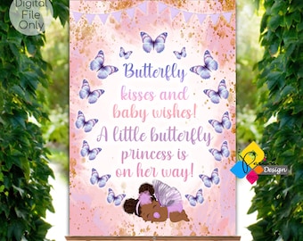 Quadro de boas-vindas para chá de bebê BORBOLETA para impressão, rosa roxo. Decoração de festa de menina para chá de bebê. Sinal de boas-vindas digital da princesa borboleta
