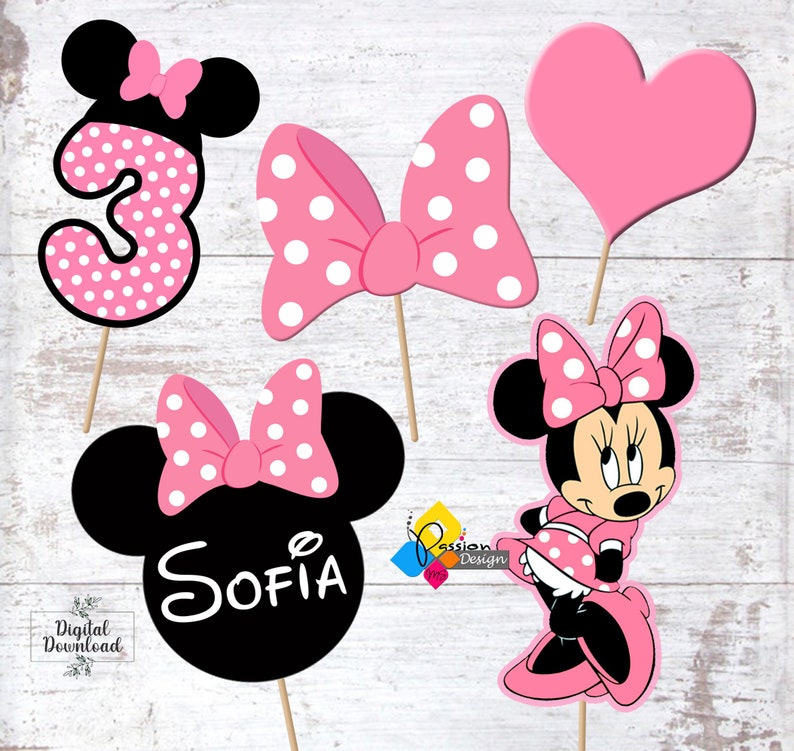 Printable MINNIE MOUSE Pink Birthday Cake Toppers. Party Centerpieces. Table Decorations. Photo Props. Custom DIY Minnie Mouse Decorations image 3