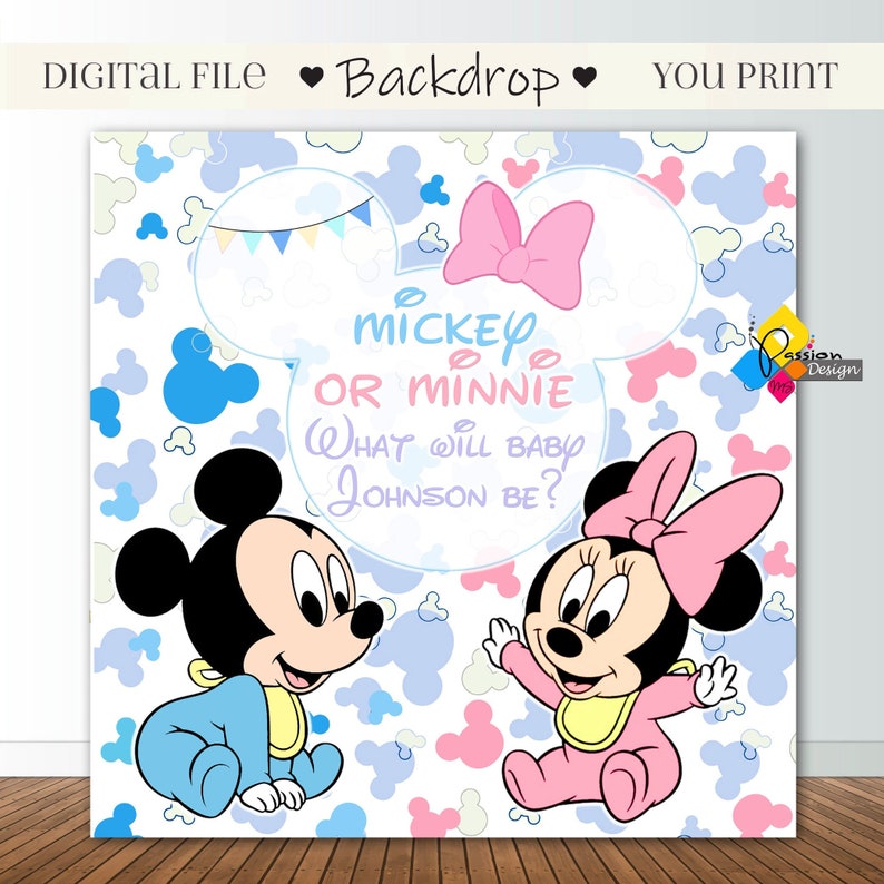 Digital Mickey Or Minnie Mouse GENDER REVEAL Backdrop. Boy or Girl / He or She Party Pastel Colors Background. Custom Gender Reveal Banner image 1