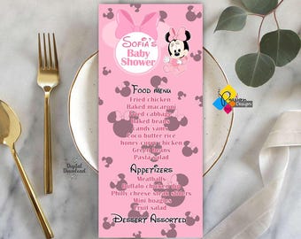 Cardápio de comidas para chá de bebê da Minnie Mouse ROSA para imprimir. Cardápio para chá de bebê da Minnie Mouse rosa. Modelo de cardápio personalizado para chá de bebê da Minnie Mouse.