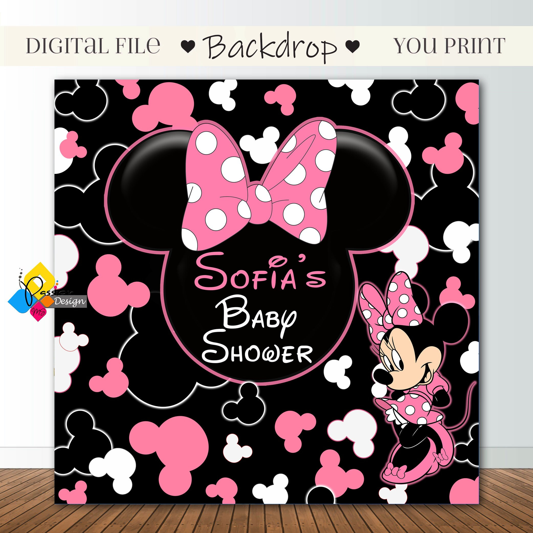 Printable MINNIE MOUSE Baby Shower Black Pink Backdrop. Custom Minnie Mouse  Banner. Black Pink Minnie Mouse Baby Shower Party Background - Etsy, image size:2084x2084