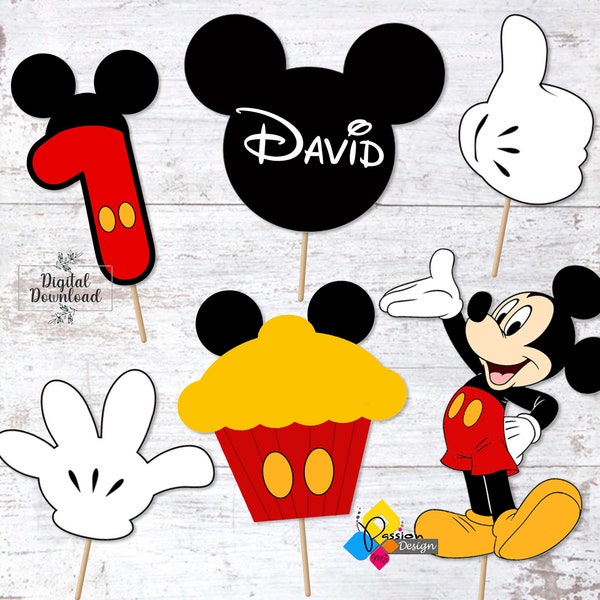 Printable Mickey Mouse Birthday Cake Toppers. Party Centerpieces. Table Decorations. Photo Props. Personalized DIY Mickey Mouse Decorations