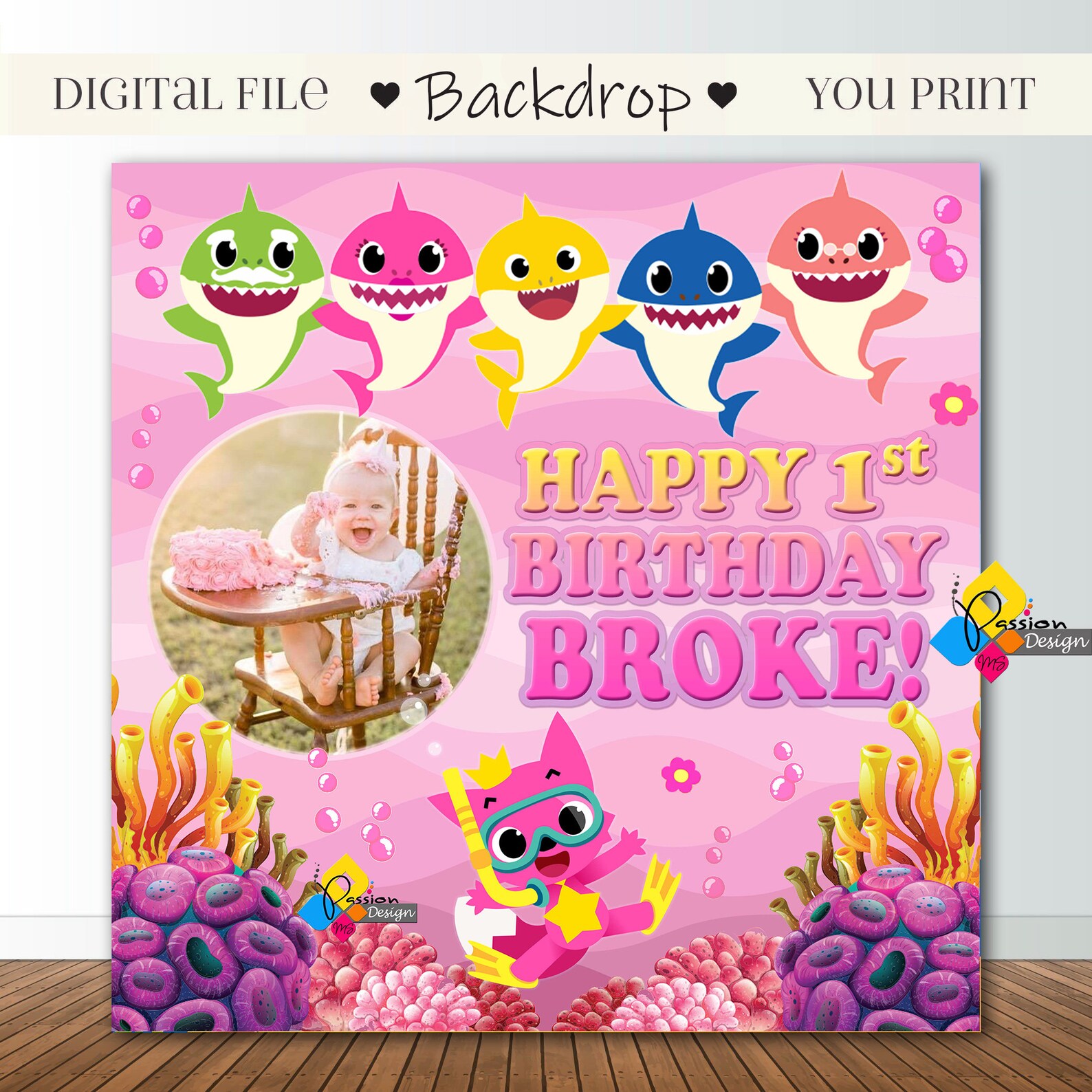 Printable BABY SHARK Pink Backdrop With PICTURE. Baby Shark | Etsy