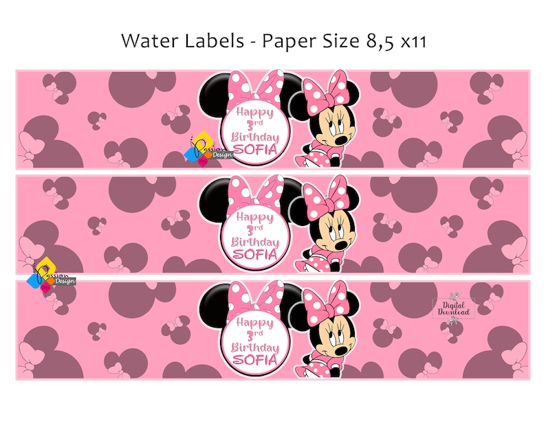 Może przedstawiać: Trzy r&oacute;żowe i białe etykiety na butelki z wodą z kresk&oacute;wkowym wizerunkiem Minnie Mouse z tekstem "Happy 3rd Birthday SOFIA".