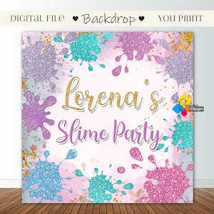 Printable SLIME Backdrop. Slime Birthday Party Decor. Personalized Slime Pastel Birthday Banner. Slime Party Background Pink, Gold and Teal