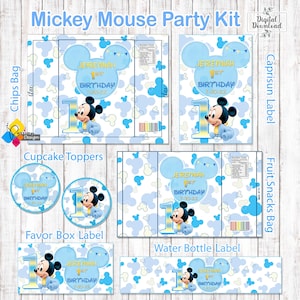 Printable MICKEY MOUSE Party Kit. Personalized Birthday Labels: Favor Box, Chips Bag, Caprisun, Fruit Snacks, Water Bottle, Cupcake Toppers