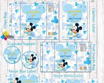 Printable MICKEY MOUSE Party Kit. Personalized Birthday Labels: Favor Box, Chips Bag, Caprisun, Fruit Snacks, Water Bottle, Cupcake Toppers