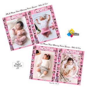 Banner com foto do primeiro aniversário da Minnie Mouse para impressão. Guirlanda de fotos da Minnie Mouse DIY. Cartões de marcos mensais do primeiro ano do bebê para download digital