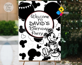 Printable MICKEY MOUSE Drawing Birthday Welcome Board Monochrome. Custom Mickey Mouse Welcome Sign. Digital Mickey Mouse Party Poster
