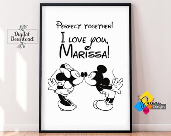 LOVE Couple Wedding Poster, Card, Gift. Custom LOVE Printable Name Poster - Mickey and Minnie Mouse. Personalized St. Valentine's Day Poster