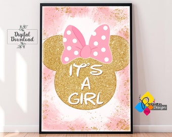 Printable MINNIE MOUSE It's A Girl Welcome Board. Custom Minnie Mouse Pink and Gold Welcome Sign. Minnie Mouse Party Poster Instant Download