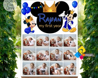 Printable Royal Blue MICKEY MOUSE Baby's First Year Photo Poster. Mickey Mouse 1st Birthday Photo Collage Sign. Mickey Mouse Pictures Board