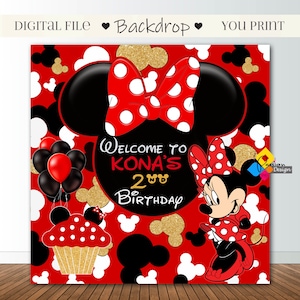 Printable MINNIE MOUSE Red Birthday Backdrop. CUSTOM Minnie Mouse Red Gold Black Party Decor. Minnie Mouse Birthday 6,5&#39;x6,5&#39; Party Banner