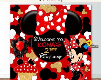 Printable MINNIE MOUSE Red Birthday Backdrop. CUSTOM Minnie Mouse Red Gold Black Party Decor. Minnie Mouse Birthday 6,5'x6,5' Party Banner
