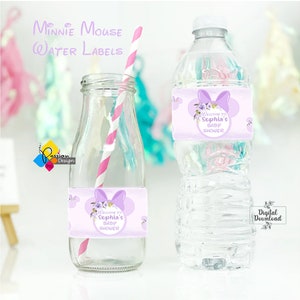 Printable Purple Baby MINNIE MOUSE Water Bottle Label. Custom Baby Shower and Birthday Water Bottle Labels