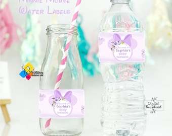 Printable Purple Baby MINNIE MOUSE Water Bottle Label. Custom Baby Shower and Birthday Water Bottle Labels