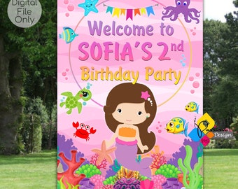 Mermaid Printable UNDER THE SEA Birthday Welcome Board. Custom Under The Water Party Decor. Corals, Fish, Turtle Party Sign. Sea Background