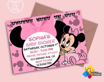 Convite para chá de bebê da MINNIE MOUSE para impressão. O chá de fraldas cor-de-rosa personalizado de Minnie Mouse convida. Convite digital para chá de bebê Minnie Mouse