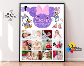 Pôster com foto do primeiro ano do bebê DAISY DUCK para impressão. Sinal de colagem de fotos do primeiro aniversário do bebê Daisy Duck. Quadro de fotos de um ano da Daisy Duck