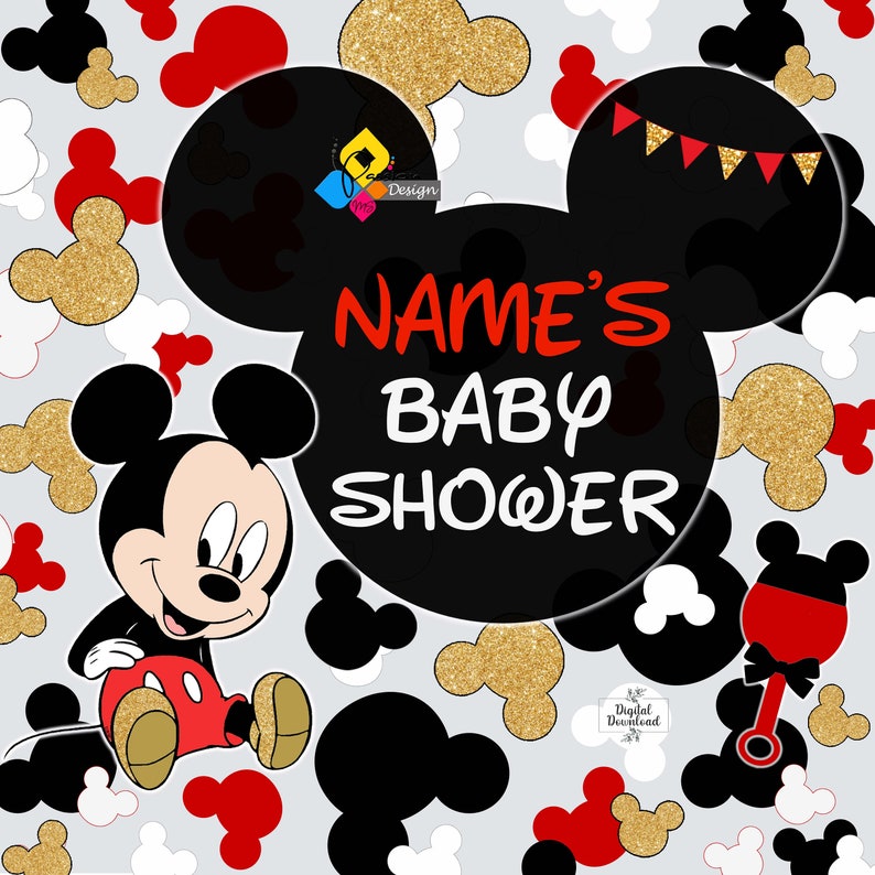 Puede incluir: Personaje de Mickey Mouse en blanco y negro con pantalones cortos rojos y zapatos amarillos sentado sobre un fondo gris con orejas de Mickey Mouse rojas, blancas y doradas. El texto "NAME'S BABY SHOWER" est&aacute; en rojo y blanco sobre un fondo de oreja de Mickey Mouse negro.