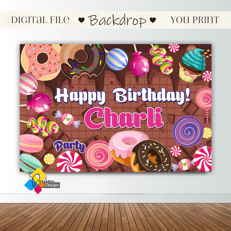 Printable CHOCOLATE Sweets Candy Shop Backdrop. Chocolate Theme Party Decor. Digital Chocolate Factory Banner. Chocolate Background image 1