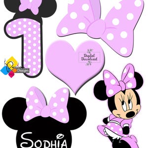 May include: A set of Minnie Mouse themed party decorations featuring a pink and white polka dot bow, a pink heart, a pink and white polka dot number one, and a Minnie Mouse head with a pink and white polka dot bow. The Minnie Mouse head has the name "Sophia" written on it.