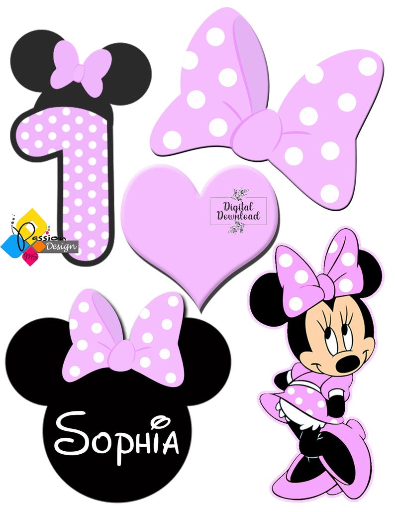 May include: A set of Minnie Mouse themed party decorations featuring a pink and white polka dot bow, a pink heart, a pink and white polka dot number one, and a Minnie Mouse head with a pink and white polka dot bow. The Minnie Mouse head has the name "Sophia" written on it.
