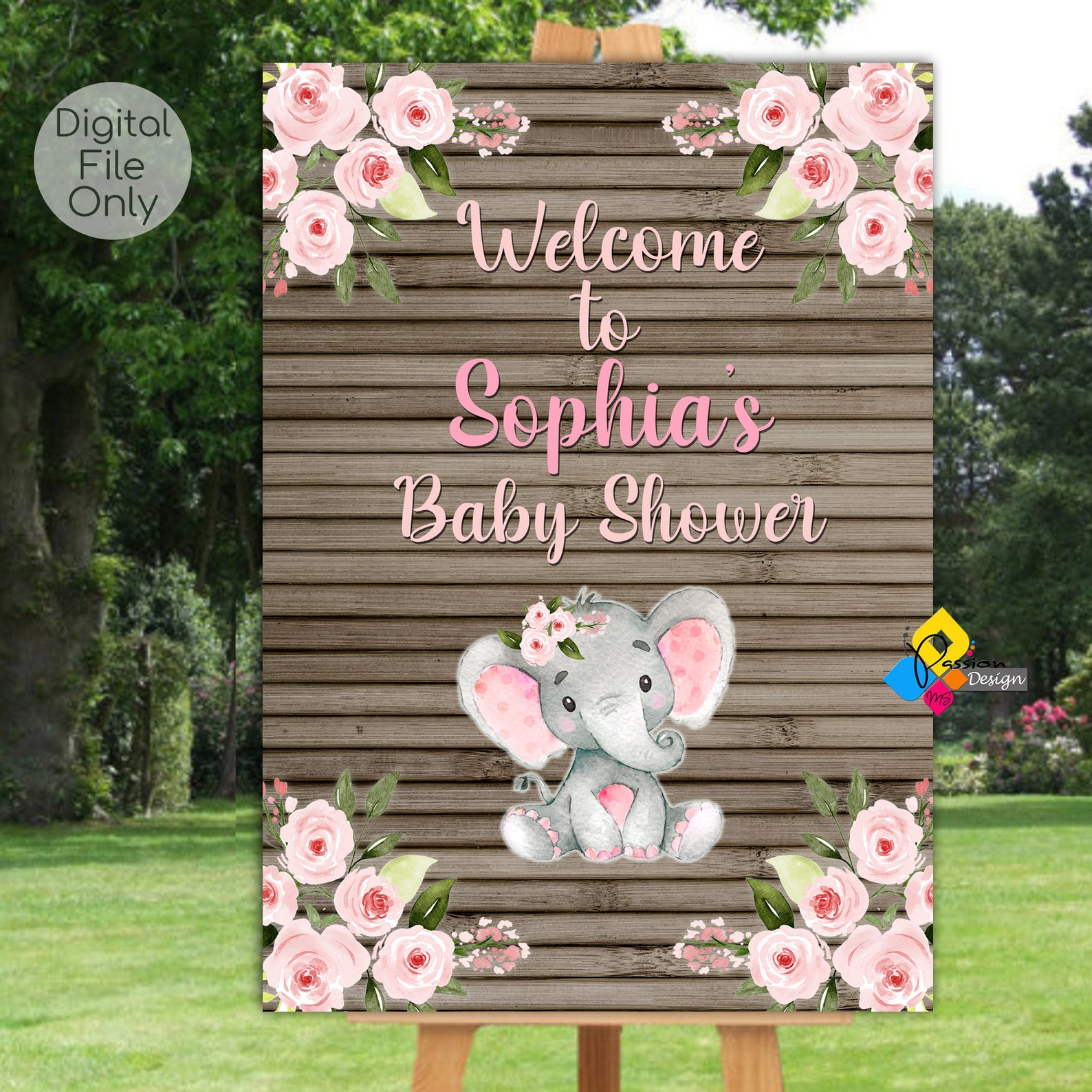Printable BABY SHOWER Cute Elephant Girl Pink Flowers Welcome - Etsy