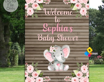 Printable BABY SHOWER Cute Elephant Girl Pink Flowers Welcome Board. Baby Shower Girl Party Sign. Cute Baby Elephant Floral Digital Poster