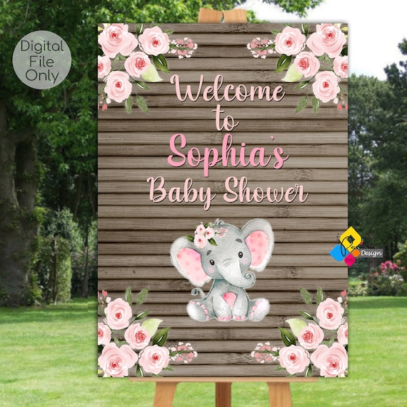 Printable BABY SHOWER Cute Elephant Girl Pink Flowers Welcome | Etsy