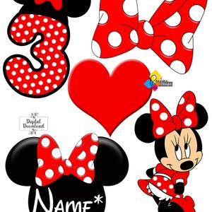 May include: Red and black Minnie Mouse themed party decorations. The set includes a number 3, a bow, a heart, a Minnie Mouse head with a bow, and a full-body Minnie Mouse image. The number 3, bow, and Minnie Mouse head have white polka dots.