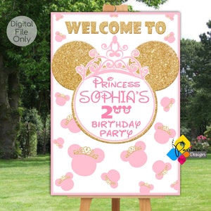 Printable MINNIE MOUSE Princess Birthday Welcome Board. Custom Minnie Mouse Tiaras Pink Gold Welcome Sign. Digital Minnie Mouse Party Poster